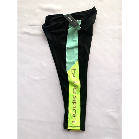 BEBE SPORT BLACK MINT COLOR BLOCK CAPRI LEGGINGS - Picture 8 of 9